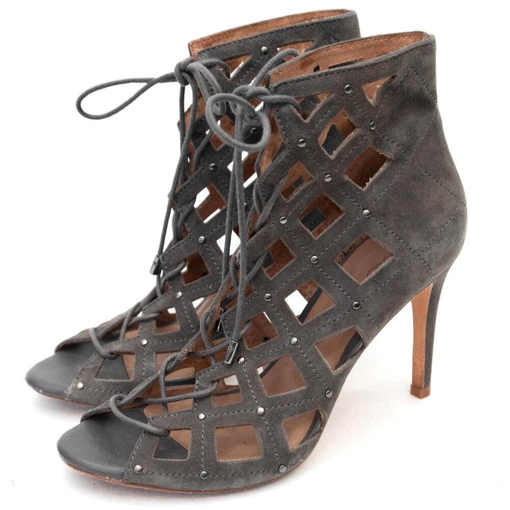 Joie Gray Sueded Cayla Studded Caged Lace Up Stiletto Heels Size 38 US 7.5